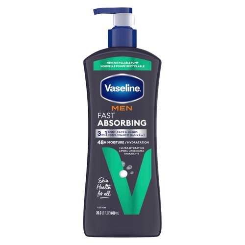 Vaseline Men Fast Absorbing 3-in-1 Face, Hands &amp; Body Lotion for Men, For Dry Skin, Absorbs in Ju...