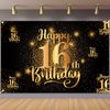 Mnixy Happy 16th Birthday Backdrop Banner Step and Repeat 16 Years Old Background Decorations for Women Men Her Him Photography Party Supplies Glitter Black Gold
