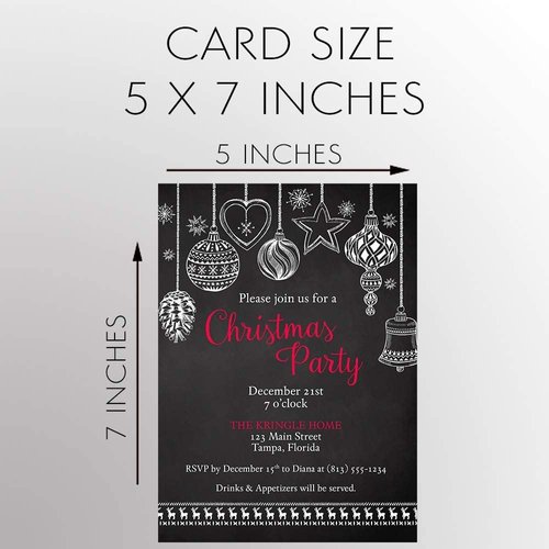 Holiday Party Invitations Christmas Ornament Invites Parties Xmas Chalkboard Snowflakes Ornaments Black Red Rustic Modern Printed Cards (12 count)