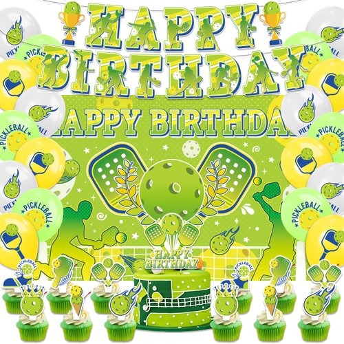 Pickleball Party Secorations，Pickleball Birthday Decorations，Pickleball Party Supplies Set Include Backdrop Banner Ballon Cake Toppers