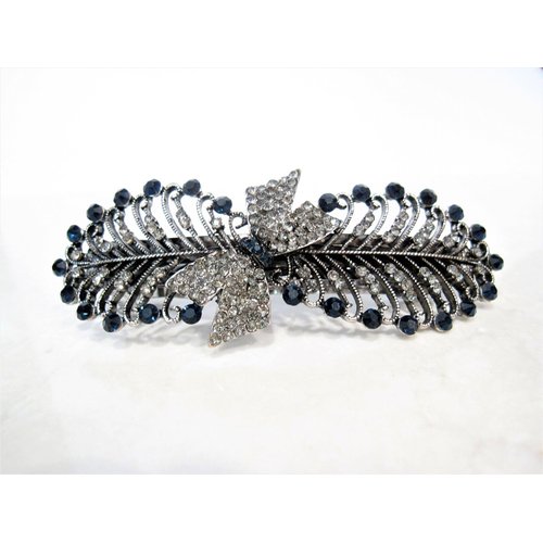 Generic Blue gray silver leaf and bow crystal hair clip barrette bridal hair clip