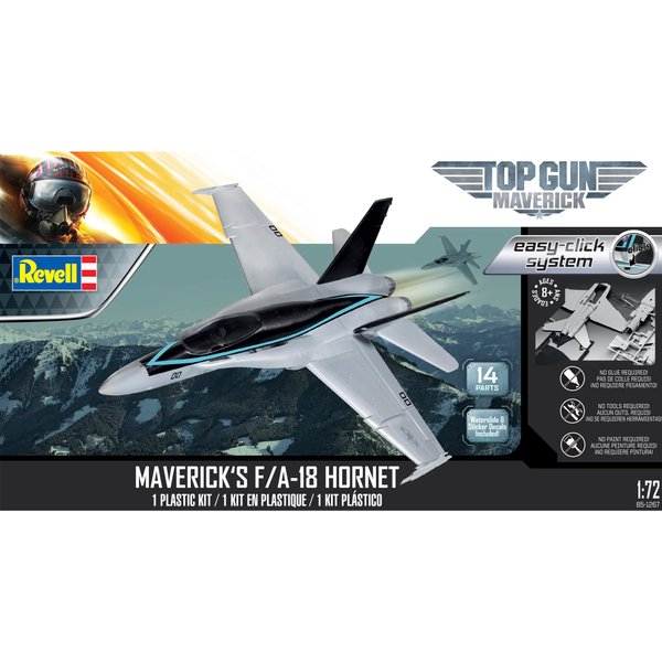 Revell Easy-Click-System 85-1267 Top Gun Maverick's F/A-18 Super Hornet Fighter Jet Kit 1:72 Scale, Skill Level 2 Plastic Model Airplane Building Kit , Gray, 8 years old and up, Small, 14-Piece