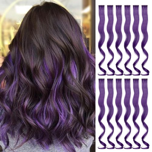 Wodelanle 12 PCS Colored Purple Hair Extensions Clip in Hair Extensions Colorful 20 Inch Wavy Curly Synthetic Hairpiece Colored Hair Extensions for Kids Girls Women Party Highlights