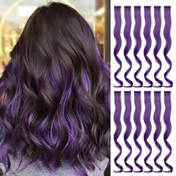 Wodelanle 12 PCS Colored Purple Hair Extensions Clip in Hair Extensions Colorful 20 Inch Wavy Curly Synthetic Hairpiece Colored Hair Extensions for Kids Girls Women Party Highlights