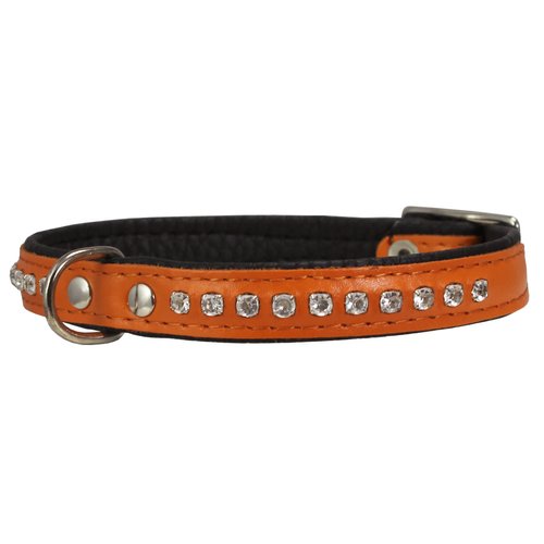 Dogs My Love Rhinestone Genuine Leather Dog Collar (Orange, 8"-9.5" Neck)