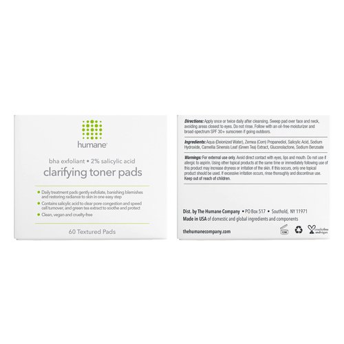 Humane Clarifying Toner Pads for Face - 2% BHA Liquid Salicylic Acid - Pore Minimizer and Facial Exfoliator - Gentle for All Skin Types - Removes Excess Oil, Dead Skin Cells, and Grime - 4 Ounce