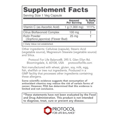 Protocol For Life Balance - C-1000 Caps with Bioflavonoids and Rutin - Antioxidant Power of Vitamin C, Supports Healthy Immune System Function, Provides Cellular Protection - 120 Veg Capsules