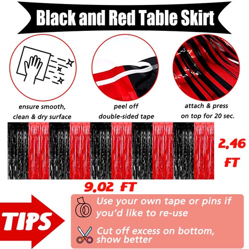 6 Pack 29x108 Inch Metallic Foil Fringe Table Skirts Banner for Tinsel Streamer Garland Curtains Backdrop for Parade Floats Casino Viva Las Vegas Game Night Birthday Party Decorations(Black Red)