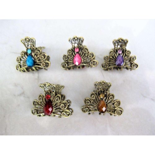 Generic small mini metal peacock shaped jeweled antique style bronze hair claw clip Set A(Primary color: Pink)