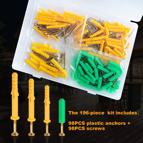196PCS Drywall Anchors and Screws Kit, Esydon Screws with Anchors, Concrete Anchors and Galvanized Screws, Wall Anchors and Screws for Drywall, 4 Sizes Anchor and Screw Set for Floating Shelves