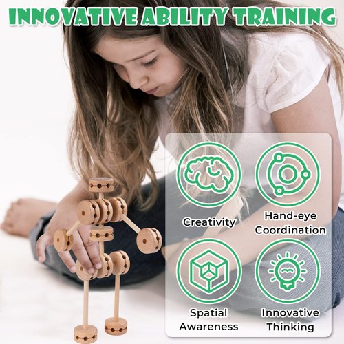 NiToy Wooden Building Blocks 60PCS Montessori STEM Toy for Kids 6+, Natural Wood Splicing Joints and Sticks Educational Sensory Tinker Creative 3D Playset Stacking Game