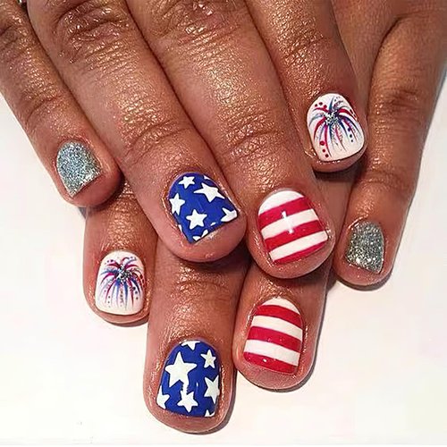 ZASKHLD 4th of July Press on Nails Short Square Fake Nails Blue Red Full Cover False Nails with White Stars Designs Glossy Independence Day Firework Silver Glitter Acrylic Nails for Women Girls 24Pcs