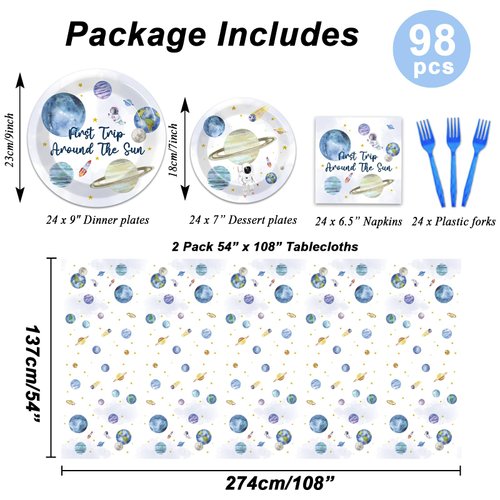 98 PCS First Trip Around The Sun Birthday Party Tableware Set Outer Space Themed Decorations 1st Space Birthday Dinner Paper Plates Boho Solar System Tablecloth Napkins Forks Sun Theme Party Supplies