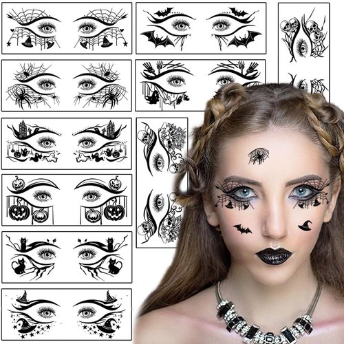 10 Sheets Halloween Makeup Eye Shadow Tattoos Stickers Eyeliner Decals Prank Spider Web Skull Bat Temporary Tattoo Kit Fake Face Decals eye Makeup Stickers for Women Adult Girls Kids Masquerade Party