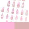 Pink French Tip Press on Nails Long Almond Fake Nails Full Cover False Nails with Charms Rhinestone Bow Glue on Nails Full Cover Shiny Stick on Nails Cute Nude Artificial Nails for Women 24Pcs
