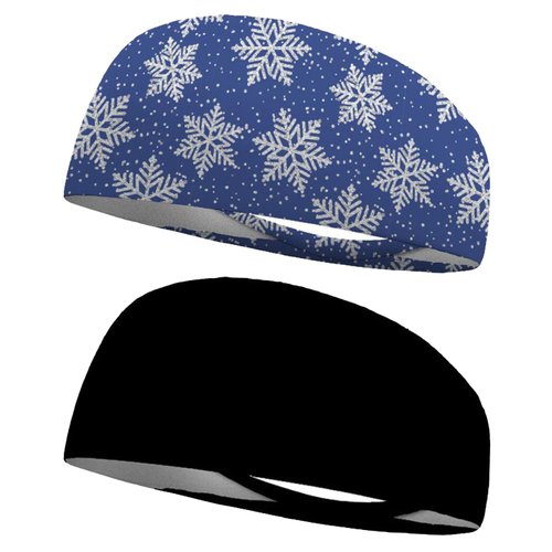 Bondi Band Christmas Headbands for Women, 4 Inch Tapered Workout Headbands That Stay in Place, Absorbent, Moisture Wicking, Combo Pack 1 Black and 1 Periwinkle Snow Print