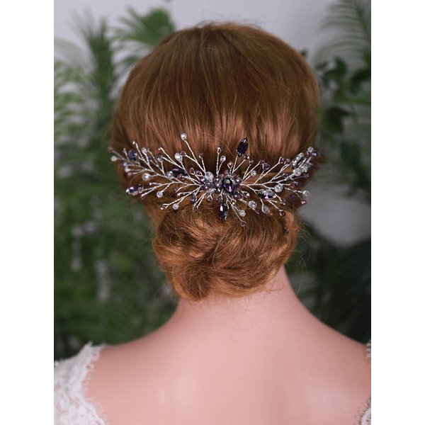 YERTTER Purple Amethyst Crystal Bridal Hair Comb Clip Pin Amethyst Crystal Wedding Hair Accessories Headpieces Silver for Bride Bridesmaid