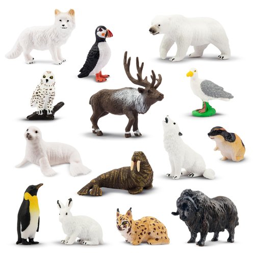 Toymany 14PCS Mini Arctic Animals Figurines Set, Polar Animals Toys with Polar Bear, Caribou, Penguin, Walrus, Wolf Figurines Cake Toppers Birthday Easter Gifts for Preschool Kids
