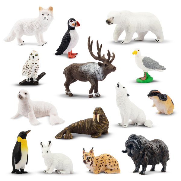 Toymany 14PCS Mini Arctic Animals Figurines Set, Polar Animals Toys with Polar Bear, Caribou, Penguin, Walrus, Wolf Figurines Cake Toppers Birthday Easter Gifts for Preschool Kids
