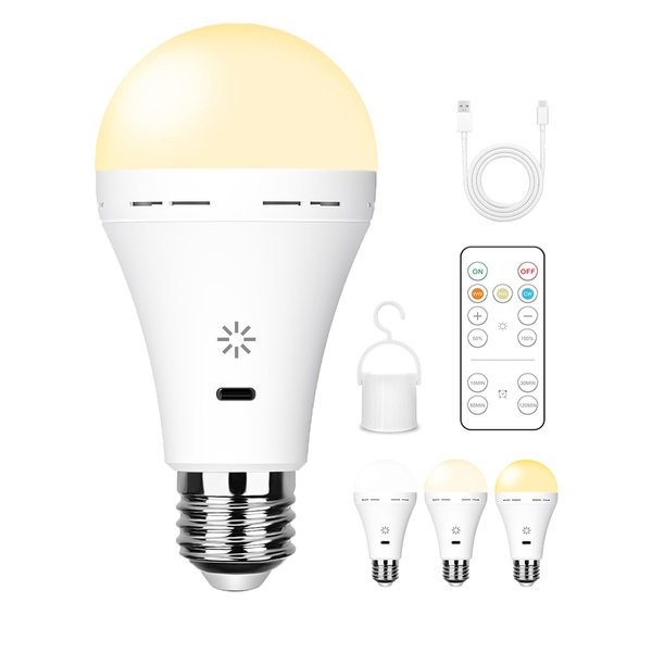 E26 Rechargeable Light Bulbs with Remote Control, 2600mAh Battery Operated Light Bulb with Hook, 3000K-6500K，40W Equivalent, 3 Timer, for Sconces Lamps Without Power, Camping, Emergency 1 Pack