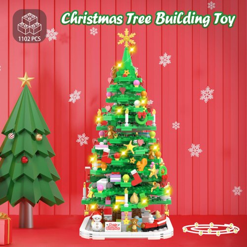 Wowok Christmas Building Blocks Toy - Christmas Tree Building Set, 1102 Pieces Mini Building Blocks for Kids Adult, for Teens Girls Boys Christmas Party Home Decoration