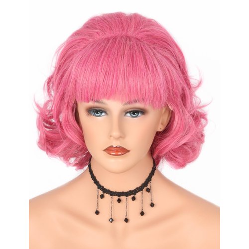 Lucoacos 50s Frenchy Wig Vintage Bob Curly Wig Short Pink Wig for Women Halloween Costume Wig
