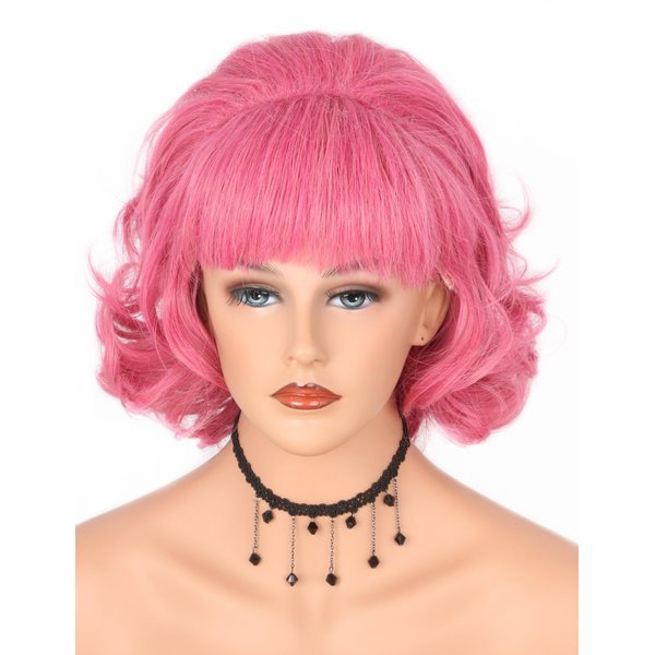 Lucoacos 50s Frenchy Wig Vintage Bob Curly Wig Short Pink Wig for Women Halloween Costume Wig