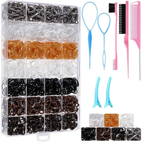 Neutral Colors Rubber Bands for Hair with 8 Hair Styling Tools, 1500 Pcs Elastic Hair Ties Small Hair Rubber Bands Baby Toddler Hair Ties Hair Accessories Gift Stocking Stuffers for Girls Women