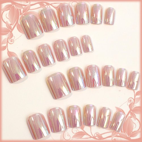 24Pcs Blush Chrome Short Square Press on Nails, Glossy Rouge False Nails Gel Glue on Nails with Mirror Metal Design, Sparkly Metallic Manicure Art Acrylic Fake Nails Stick on Nails for Women Girls
