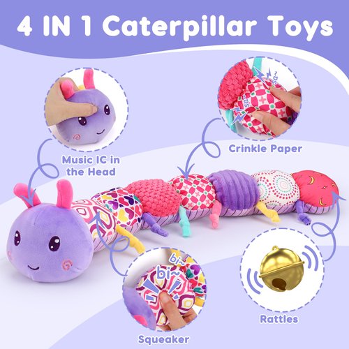 Baby Girl Toys 0-3-6 Months Musical Stuffed Animals Plush Caterpillar Toy with Crinkle Rattles Tummy Time Sensory Learning Toys for Infants 6-9-12 Months Newborn Girls Boys Essentials Shower Gifts