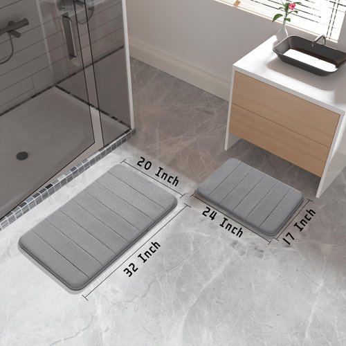 Yimobra Bathroom Rugs Sets 2 Piece, Soft Absorbent Memory Foam Bath Mats Set, Dry Fast Bath Mat, Machine Washable Bath Rug Set for Bathroom, 17x24+31.5x19.8 Inches, Gray