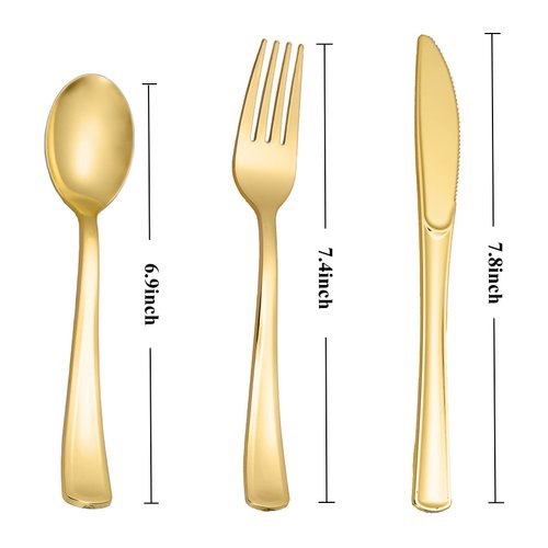 N9R 60pcs Gold Plastic Silverware - Gold Plastic Cutlery Set Disposable Flatware Dinnerware -30 Gold Forks, 15 Gold Spoons, 15 Gold Knives for Party, Birthday, Wedding Gold Utensils