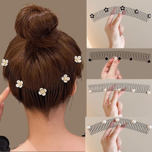 Bincout Meerore 4 PCS Metal Pearl Hair Band Headband Stretch Comb for Girls Women Elastic Stylish Sports Hairband Head Hoop with Non Slip Wavy Teeth A-#04