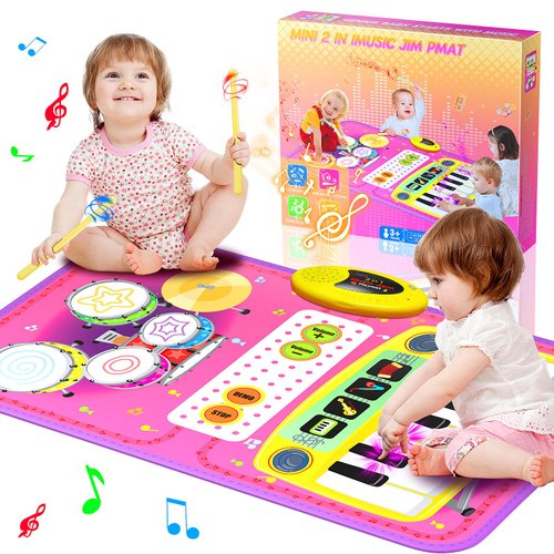 2-in-1 Musical Mat Toys for 1 2 3 4 5 Year Old, Piano Keyboard & Drum Set with 2 Drum Sticks, Early Educational Musical Learning Toys Birthday for 1 2 3 4 5 Year Old Girls & Boys, Pink