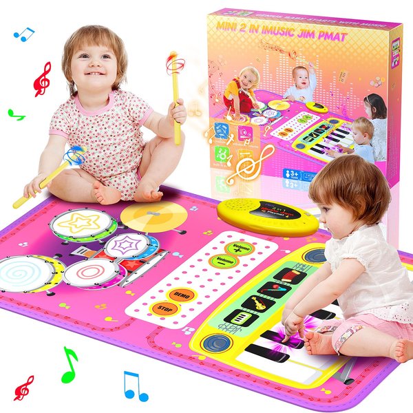 2-in-1 Musical Mat Toys for 1 2 3 4 5 Year Old, Piano Keyboard & Drum Set with 2 Drum Sticks, Early Educational Musical Learning Toys Birthday for 1 2 3 4 5 Year Old Girls & Boys, Pink