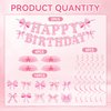 Papiailove Pink Bow Birthday Decorations, Coquete Birthday Party Decorations Set Happy Birthday Banner Ribbons Hanging Swirls Honeycomb Centerpieces for Girls Birthday Party Supplies