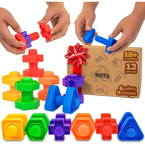 Skoolzy Plastic Nuts and Bolts 12 Piece - Kids Nuts and Bolts - Toddler Engineering Toys for 18+ Months - Screw Toys for Toddlers