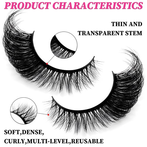 LoveOurHome 7 Pairs Faux Mink Fake Eyelashes Fluffy False Eyelashes Cat Eye Wispy Lashes Natural Look Lash Extension Eye Lashes 6D Volume False Lashes Wispy with Tweezers for Women Teen Girls