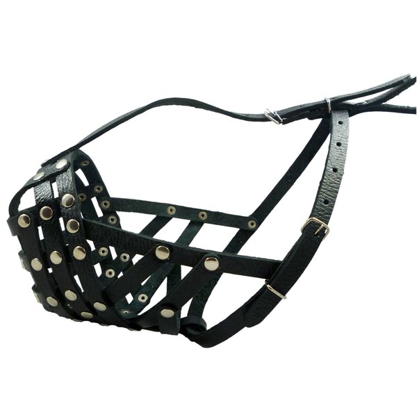 Secure Leather Mesh Basket Dog Muzzle #14 Black - Boxer, English Bulldog (Circumference 13", Snout Length 3")