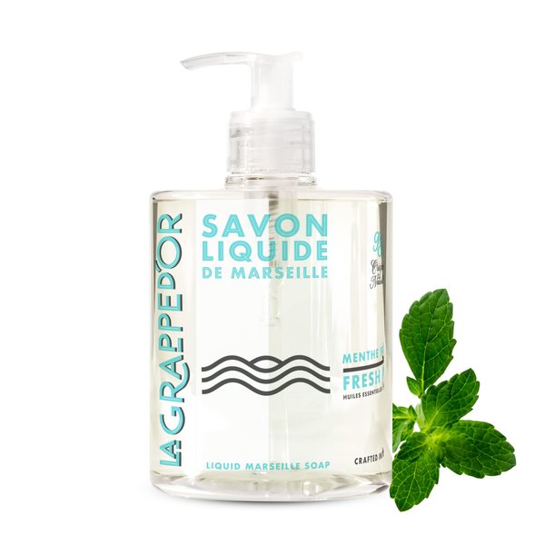 La Grappe d'Or Fresh Mint Marseille Hand Soap with Essential Oils | Handmade in France from Moisturizing Organic Olive & Coconut Oil | Natural, Cruelty-Free & Vegan, 16.90 oz Liquid