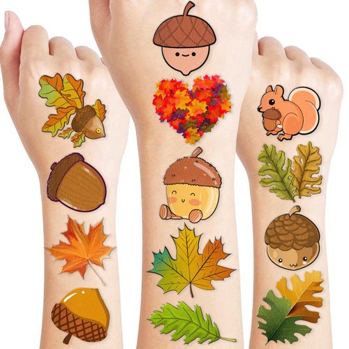 Cute Fall Leaves Temporary Tattoos Oak Birthday Party Decorations Favors Supplies Pinecone Autumn Themed Stickers 10 Sheets 100 PCS Gifts for Baby Kids Girls Boys Decor Class School Carnival Christmas