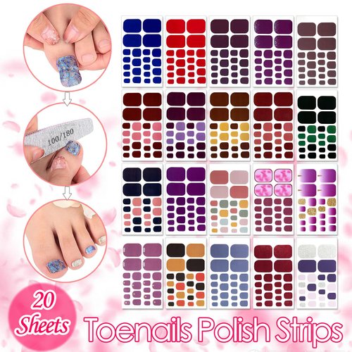 SILPECWEE 20 Sheets Toenail Polish Strips for Women Toe Nail Stickers Full Nail Wraps Self Adhesive Gel Nail Strips Toes Manicure Sticker for Nail Art Accessories with Nail File