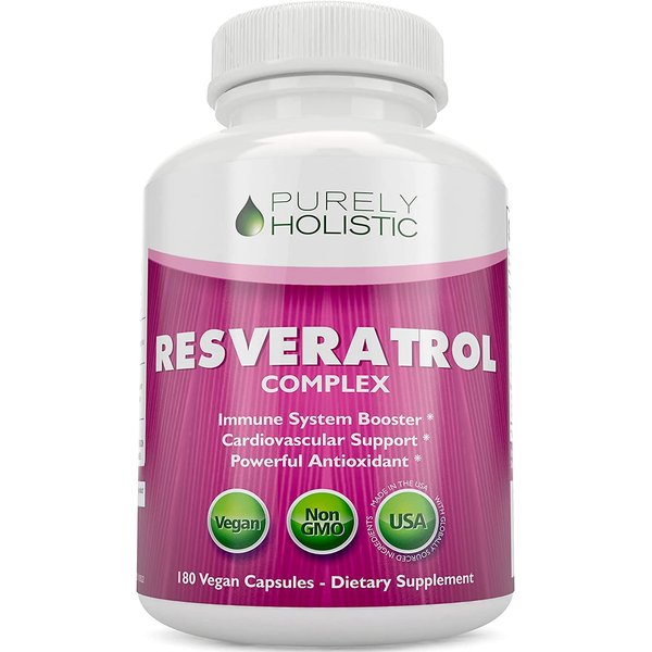 Purely Holistic Resveratrol 1450mg, 90 Servings, Trans-Resveratrol Antioxidant Supplement with Vitamin C and Polyphenol Complex, 180 Vegan Capsules, Promotes Anti Aging & Cardiovascular Health