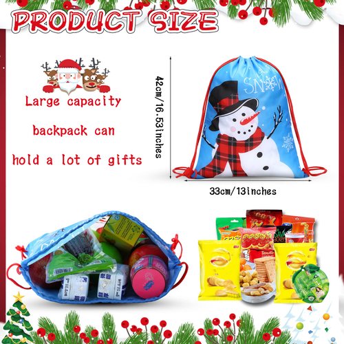 12 Pcs Christmas Gift Bags for Kids Drawstring Backpack Santa Claus Goodies Snack Treat Bags Presents Wrapping for Xmas Winter Holiday Birthday Party (13.2 x 16.3 Inch)