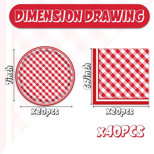 ACIYHN 40Pcs Red and White Gingham Party Decorations Disposable Checkered Birthday Plates And Napkins Serves 20 Buffalo Plaid Baby Shower Birthday Party Decorations