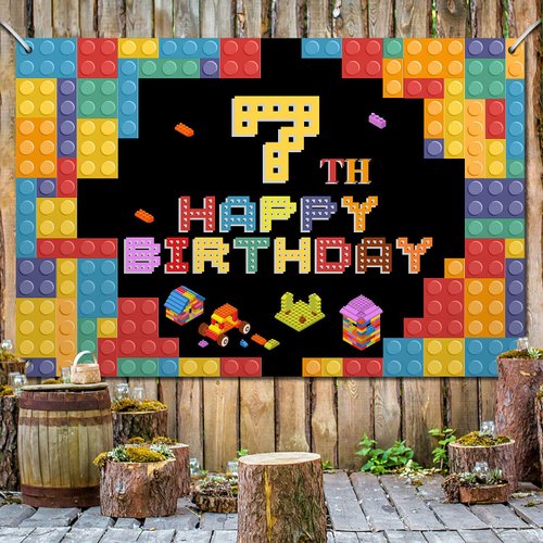 Building Blocks 7th Birthday Banner Backdrop Colorful Build blocks Theme Background Seven Years Old Happy Bday Decorations for Boys Girls Kids Photography Party Sign Sing Decor Supplies