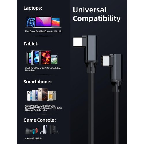 USB C to USB C Cable 6.6FT,TYPEC 3.1 GEN2,Right Angle USB-C 3.2 Gen 2 20Gbps Cable 4K@60Hz Video Monitor Cable 100W PD Fast Charging Cable.for Oculus Quest,MacBook Pro,AR,Switch,Phone 15,Laptops