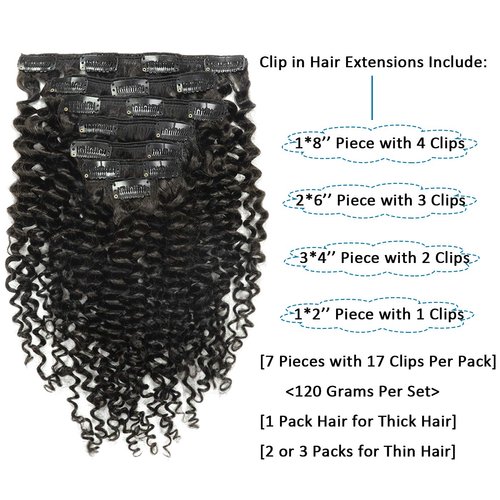 Caliee 3B 3C Curly Clip in Hair Extensions 22Inch Natural Black 1B Jerry Curly Human Hair Extensions Full Head 8A Thick End Hair Extensions JC Clip Ins 120G 7Pcs with 17Clips/Set