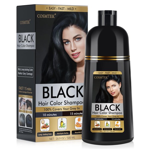 COSMTEK Black Hair Dye Shampoo 3 in 1 for Gray Hair, Hair Color shampoo for Women, Natural Shampoo Hair Dye-100% Grey Hair Coverage/Herbal Ingredients-17.6 OZ