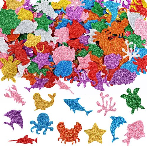 JULBEAR 300 Pieces Glitter Sea Animal Foam Stickers, Colorful Ocean Sea Fish Foam Stickers Bulk Self-Adhesive for Arts Crafts Ocean Theme Party Favors Decoration Home DIY Supplies